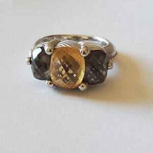 Judith Ripka Silver Ring with Citirine and Smoky Quartz Gemstones, Size 6
